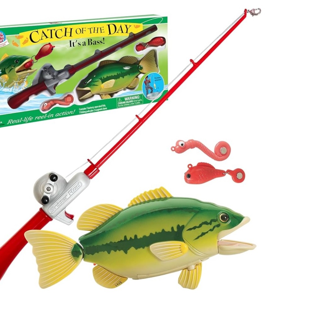 Bass Fishing Toy Set with Red Rod and Green Fish